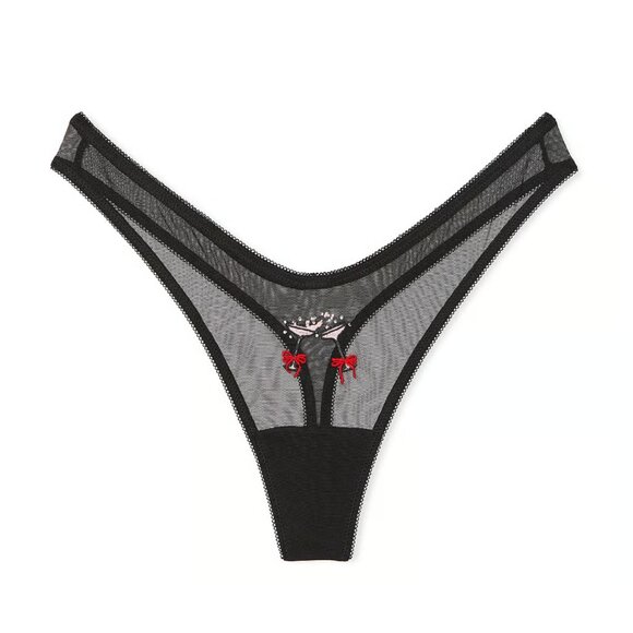 Victoria's Secret VERY SEXY Black Flirty Mesh Thong Panty w Champagne Glasses - Picture 4 of 5